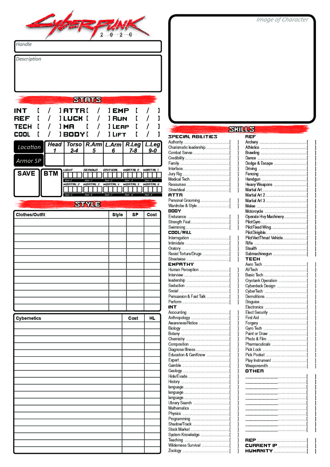 The front of the character sheet